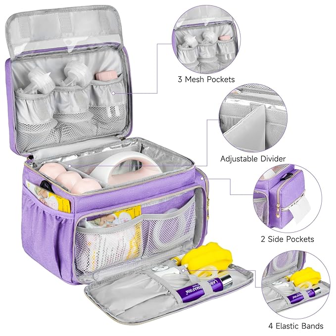 Breast Pump Bag Compatible with Spectra S1 and S2 with Insulated Compartment,Breast Pump Storage Bag with Water Resistant Mat for Pumping Essentials,Purple,Bag Only