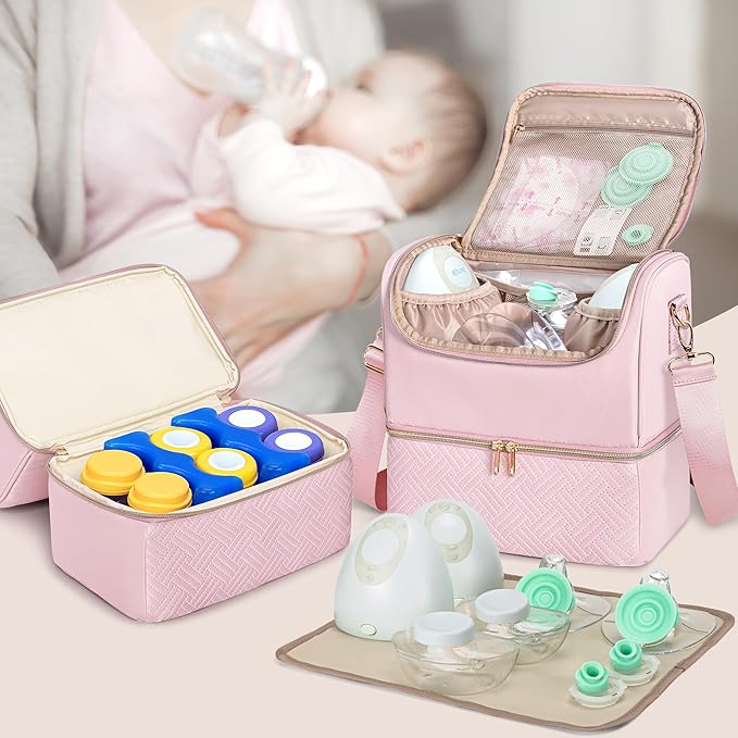 Fasrom Breast Pump Bag with Cooler Compartment Compatible with Momcozy, Medela and Willow Hands Free Pump, Pumping Tote with Waterproof Mat, Pink
