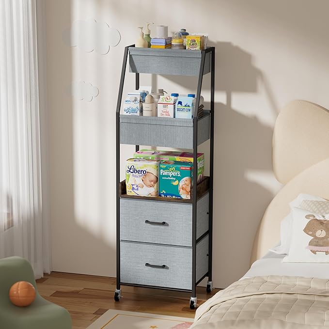 Baby Diaper Caddy Organizer and Storage - 5 Tier Rolling Cart with Dividers and Drawers, Mobile Utility Cart with Wheels for Nursery, Bedroom, Changing Table & Crib