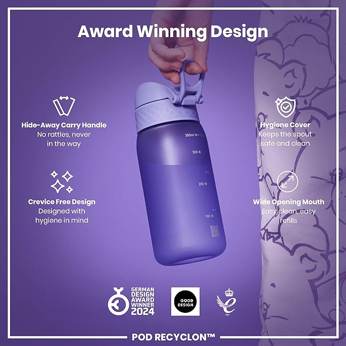 Ion8 Small Water Bottle, 350 ml/12 oz, Leak Proof, Easy to Open, Secure Lock, Dishwasher Safe, BPA Free, Carry Handle, Hygienic Flip Cover, Easy Clean, Odor Free, Carbon Neutral, Light Purple