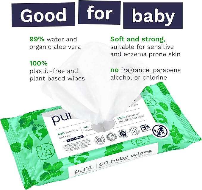Pura Natural Sensitive Baby Wipes, 99% Water, Unscented & Hypoallergenic, Suitable for Sensitive & Eczema-prone Skin, Fragrance Free & Hypoallergenic, EWG Verified, 1 Pack of 60 Wet Wipes