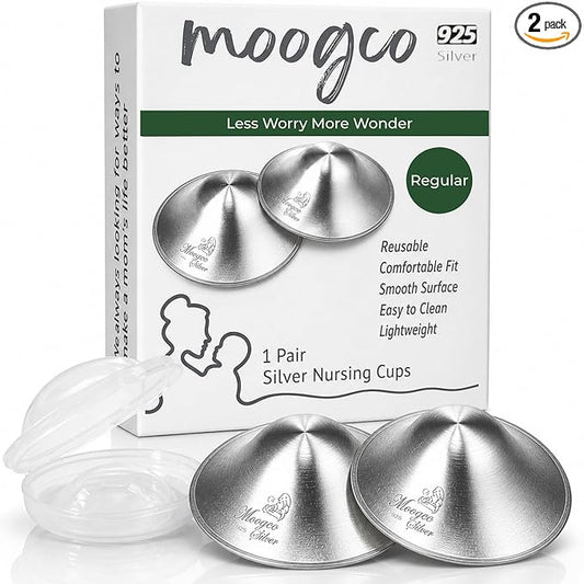 MOOGCO The Original Silver Nursing Cups - Nipple Shields for Breastfeeding Newborn - Breastfeeding Essentials - Solid 925 Sterling Silver Nipple Covers (Regular Size, Set of 2)