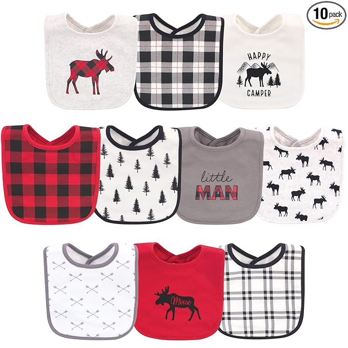 Hudson Baby Unisex Baby Cotton Bibs, Buffalo Plaid Moose, One Size