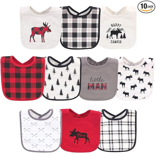 Hudson Baby Unisex Baby Cotton Bibs, Buffalo Plaid Moose, One Size