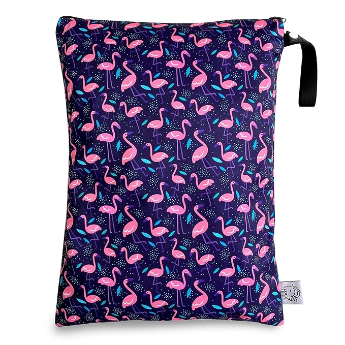FLOCK THREE Washable and Reusable Wet Bag Diaper Bag Water Resistant Swimming Bag Travel Toiletries Pouch Flamingos Birds Zippered 12.6'' x 16.5''