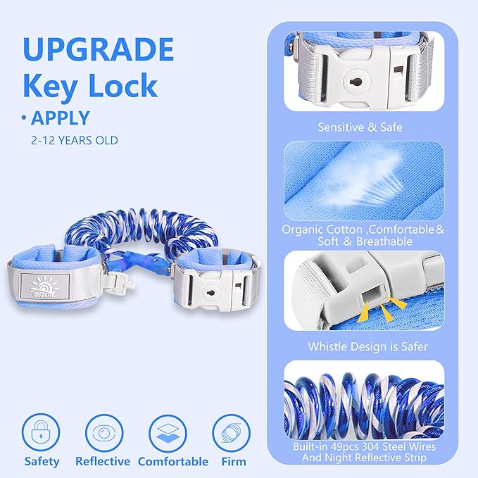 Anti-Lost Wrist Link, Blue Reflective Anti-Lost Wrist Chain with Child Lock 6.56 feet.