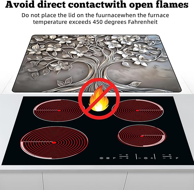 Multi-Design Stove Top Cover for Glass/Electric Stoves - 3-in-1 Heat-Resistant Protector Mat, Non-Slip Drying Rack 30"x21" (Silver-Tree)