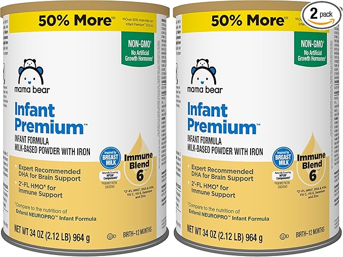 Amazon Brand - Mama Bear Infant Premium Milk-Based Baby Formula Powder with Iron, 2'FL HMO, Omega-3 DHA and Choline, Brain, Growth, Immunity, Non-GMO, 2.12 pound (Pack of 2)