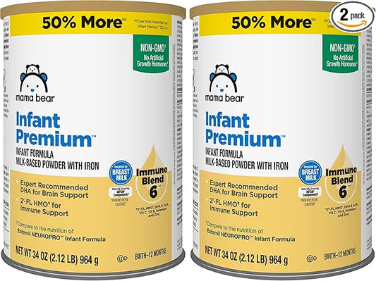 Amazon Brand - Mama Bear Infant Premium Milk-Based Baby Formula Powder with Iron, 2'FL HMO, Omega-3 DHA and Choline, Brain, Growth, Immunity, Non-GMO, 2.12 pound (Pack of 2)