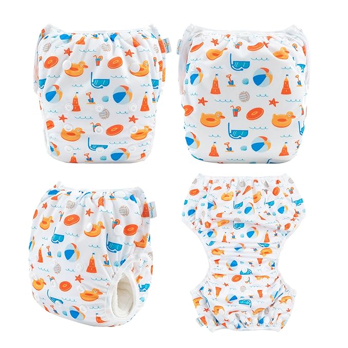 Babygoal Swim Diapers 3 Pack for 8M-3T Babies and Toddlers, Reusable Adjustable Washable for Baby Girl and Boy Swimming Lessons-Fish,Duck