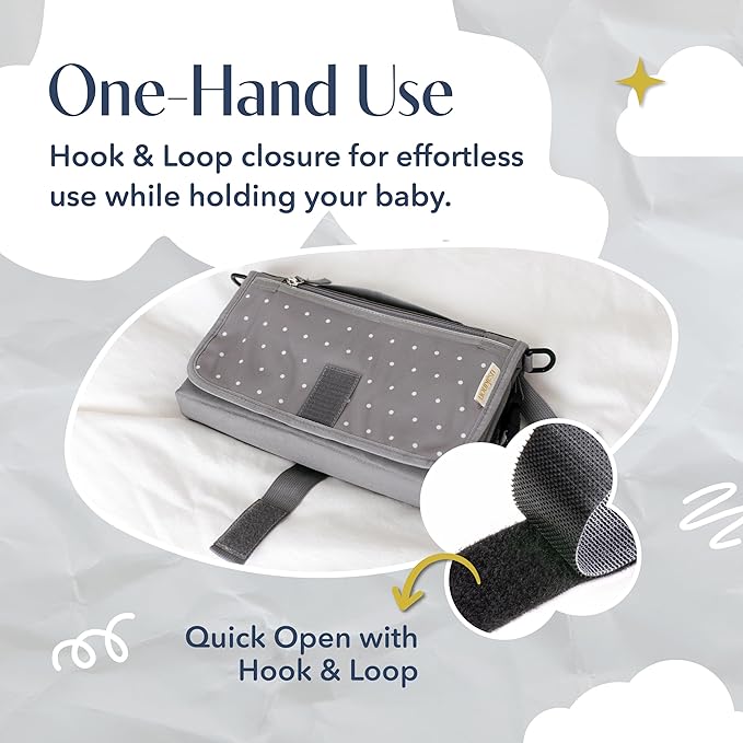 Portable Diaper Changing Mat, Fits Most Changing Tables, One-Hand Hook-and-Loop Fasteners, Front Touchscreen-Friendly Pocket, Grey