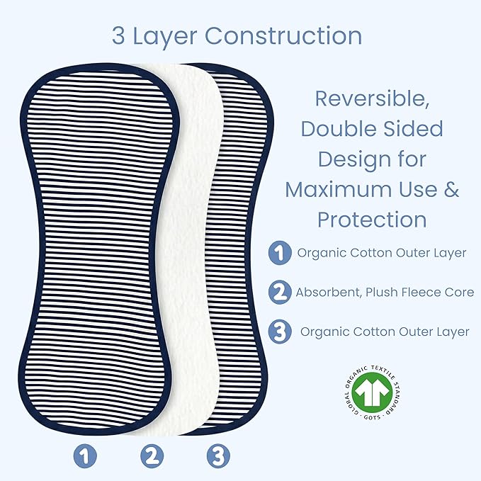 Tom Tom's Kids + Baby Organic Baby Burp Cloths 5 Pack - GOTS Certified Organic Cotton, Classic Contoured Figure-8 Design, Extra Absorbent, 22x11 in, Traditional Girls, Pink and Navy