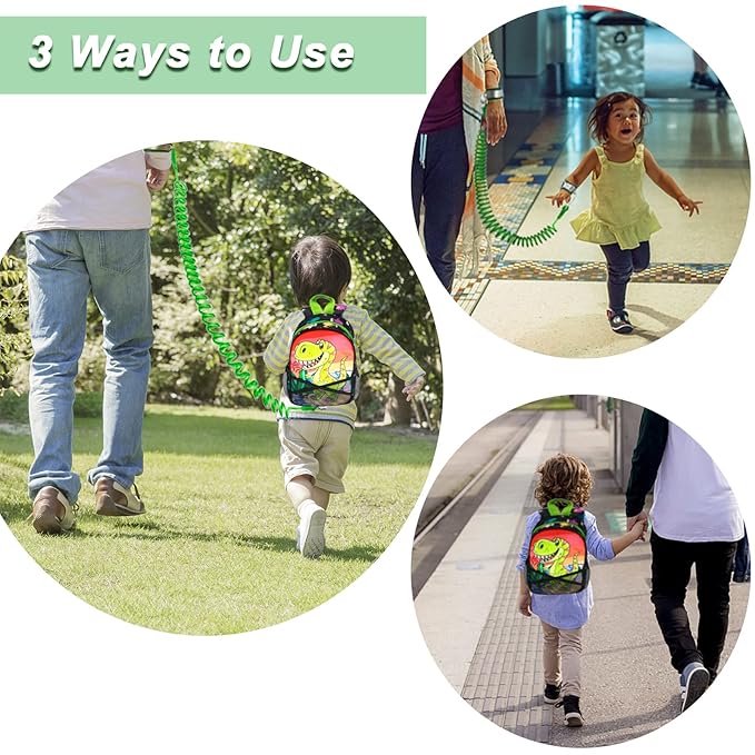 Backpack Leash for Toddlers, Dinosaur Kids Backpacks with Anti Lost Wrist Link, Children Mini Travel Bag for Baby Boys Girls