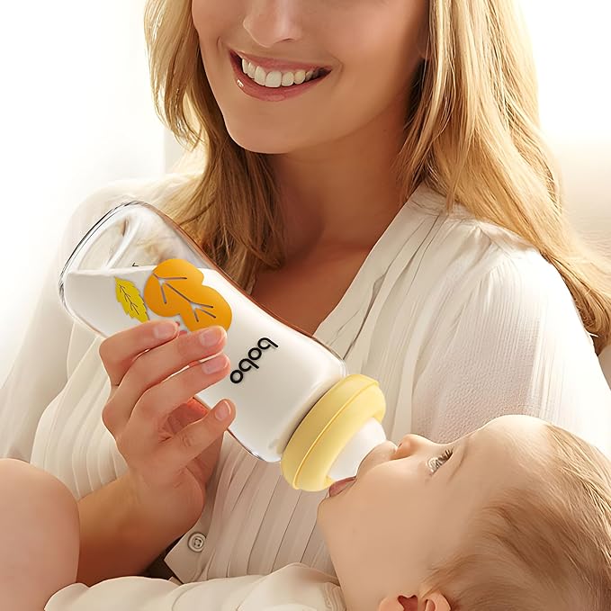 YOHKOH Natural Glass Baby Bottle with Level 2 Medium Flow Nipple, Newborn Anti-Colic Baby Bottles, Wide Neck Mushroom Baby Glass Bottle (8.8oz (Pack of 2), Yellow)