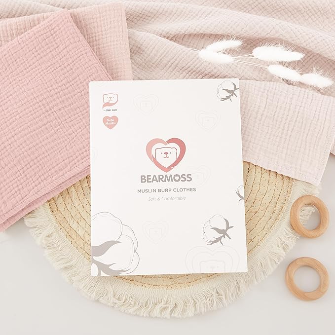 Bearmoss 6 Pack Large Muslin Burp Cloths, 100% Cotton Soft Baby Burping Cloths for Boy, Girl, 23.6" X 23.6" Absorbent Milk Spit Up Rags, Newborn Essentials (Pink Purple)
