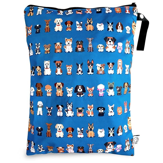 FLOCK THREE Washable and Reusable Wet Bag Diaper Bag Water Resistant Swimming Bag Travel Toiletries Pouch Cute Dog Print Zippered 12.6'' x 16.5''