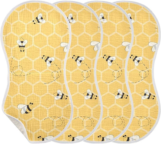 Cute Bee On Honey Yellow Honeycomb Muslin Burp Cloths for Baby 4 Pack 100% Cotton Baby Washcloths Bibs for Boy Girl
