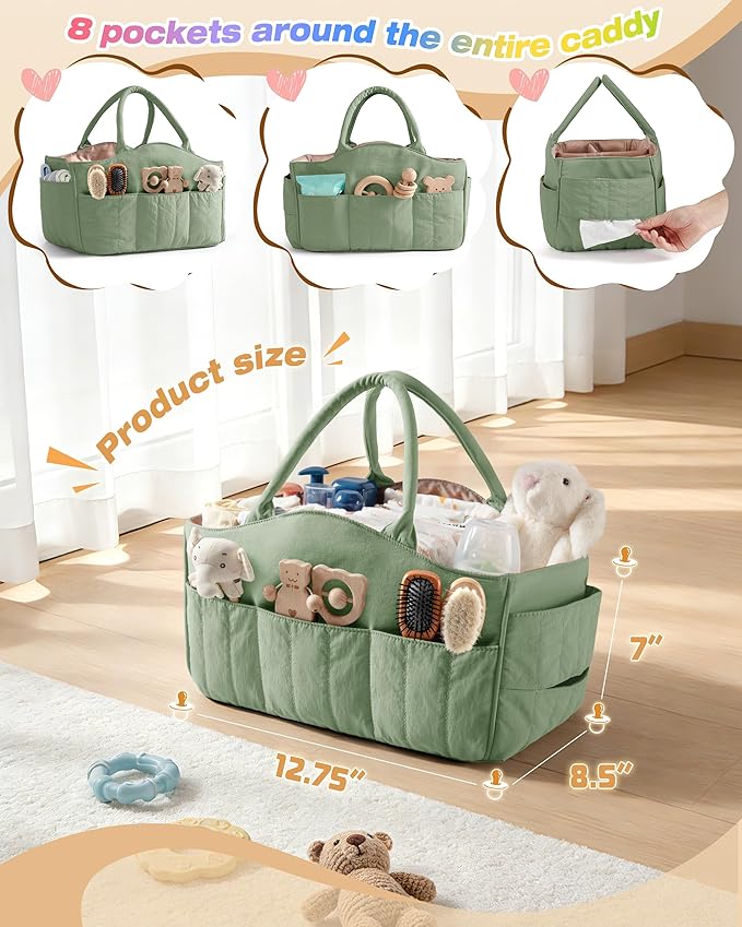 Marscamd Quilted Baby Diaper Caddy with Detachable Dividers and Wipes Pocket, Lightweight Baby Caddy Organizer with Handles and 8 Pockets for Baby Stuff, Green