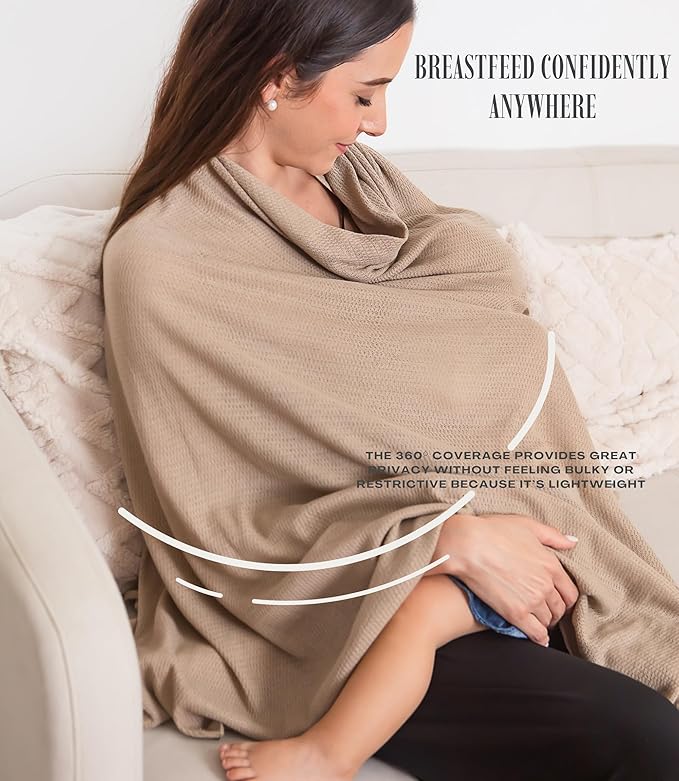 Set Premium Breast Feeding Covers for Women of All Body Types: Ultra Soft Stylish and Breathable Nursing Cover up for Breastfeeding + 4 Reusable Breast Pads for Nursing Comfort (Honey Camel)