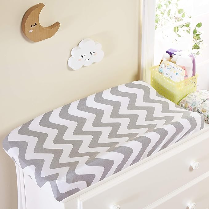EVERYDAY KIDS 2 Pack Baby Changing Pad Covers for Boys and Girls – Fits Most Changing Table Pads; 100% Cotton Jersey Knit, Breathable, Ultra Soft Changing Table Topper - Gray Moon and Stars + Chevron
