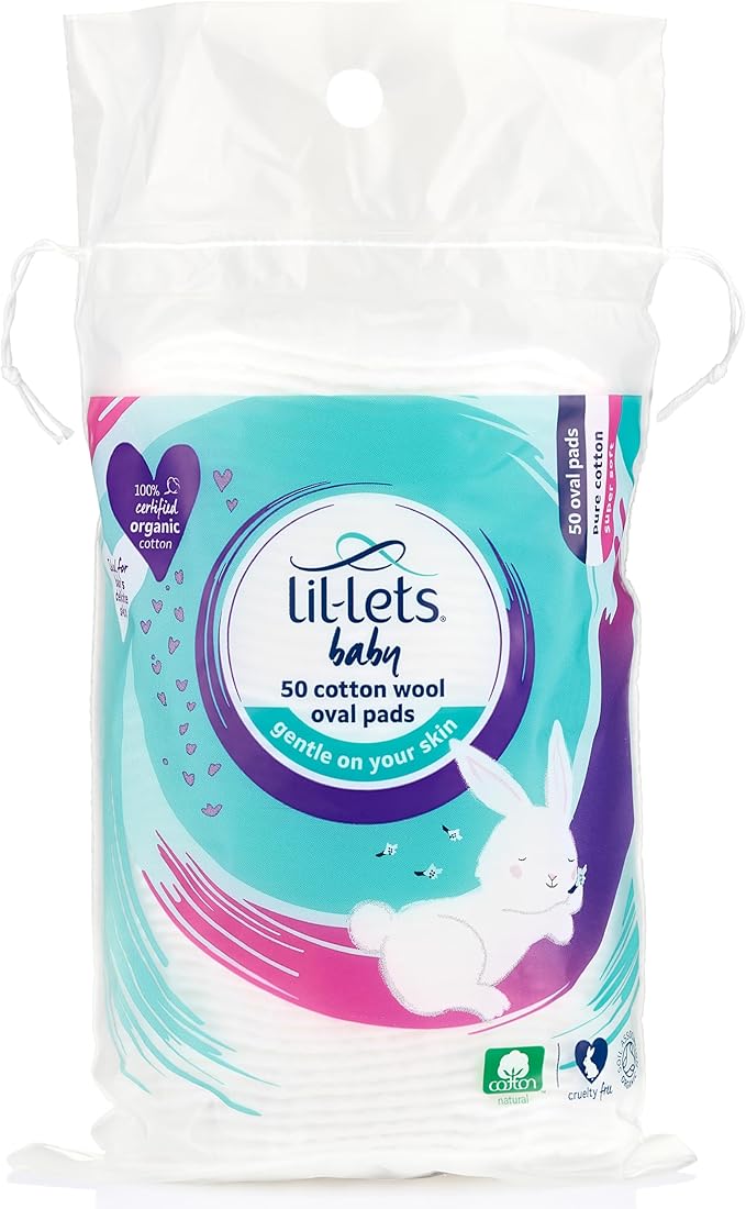 Lil-Lets Baby Cotton Wool Oval Pads, 50 Count, Certified Organic, 100% Pure Cotton Wool, Soft and Absorbent, Gentle on Baby's Delicate Skin, Dermatologically Tested, Ideal for Newborns