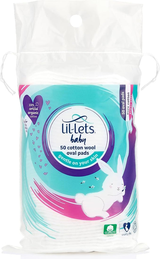 Lil-Lets Baby Cotton Wool Oval Pads, 50 Count, Certified Organic, 100% Pure Cotton Wool, Soft and Absorbent, Gentle on Baby's Delicate Skin, Dermatologically Tested, Ideal for Newborns