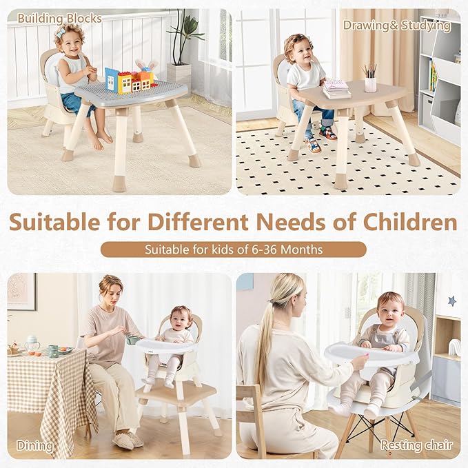 INFANS 8 in 1 Baby High Chair, Convertible Highchair for Babies and Toddlers, Infant Dining Booster Seat, Building Block Table, Kids Stool Table Chair Set with Removable Tray