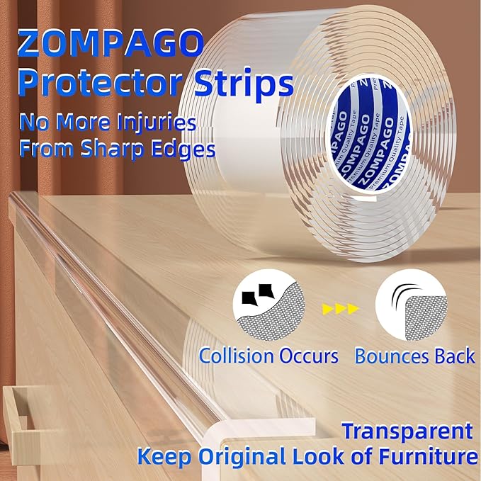 ZOMPAGO Clear Acrylic Edge Protector Tape, 2 Rolls,2mm Thick x 1.18in x 9.84FT, Self Adhesive Transparent Bumper Strip for Table Edge, Crib Edge, Sharp Furniture Edge Protection, Baby Proofing