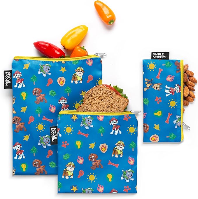 Simple Modern Paw Patrol Reusable Snack Bags for Kids, Girls, Boys | Food Safe, BPA & Phthalate Free Zip Pouches | Washable Sandwich Bag | Ellie Collection | 3 pack | Paw Patrol Outdoor Adventures