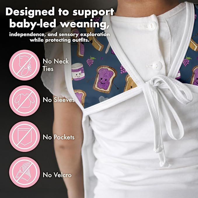 BapronBaby PBJ Pals Bapron - No Neck Tie Safer Bib for Baby & Toddler - Soft Waterproof Stain Resistant - Machine Washable - Sz Preschool 3-5yrs