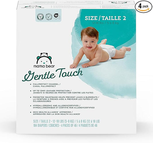 Amazon Brand - Mama Bear Gentle Touch Baby Diapers, Size 2, 184 Count (4 packs of 46), Leak Protection, Wetness Indicator, Formulated Without Fragrance