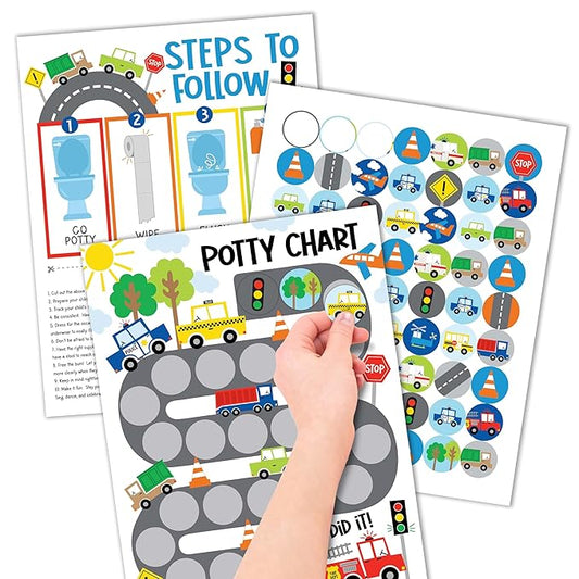 Hadley Designs Potty Training Chart for Toddlers Boys -10 Sticker Potty Chart for Toddlers Boys, 8.5x11" Potty Training Sticker Charts for Toilet Success, Cars Toddler Reward Chart for Kids