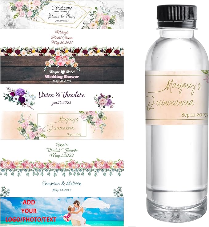 Personalized Water Bottle Labels for Wedding Custom Wedding Labels with Name for Water Bottle Stickers Waterproof Printable Photo Bottle Labels Bridal Shower Gifts 50 Pcs