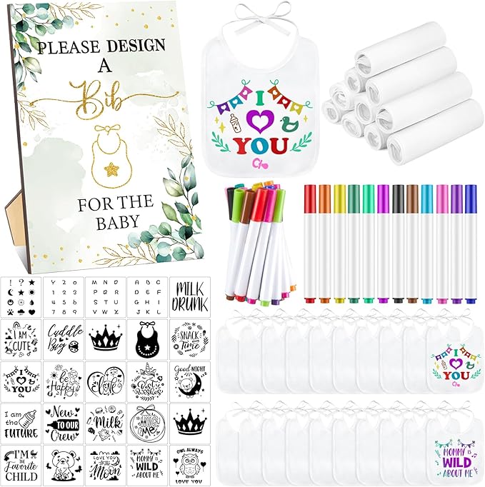 Panitay 100 Pcs DIY Baby Bibs Decorating Kit 50 White Bibs 25 Stencils 24 Markers 1 Baby Shower Game Sign
