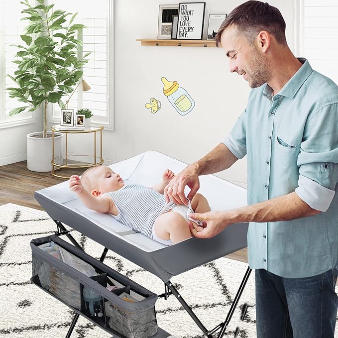 HONEY JOY Changing Table, Folding Nursery Organizer with Open Shelf & Safety Belt, Portable Diaper Changing Station for Newborn (Gray, Basic)