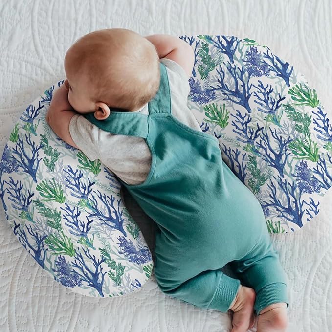 Blue Green Coral Reef Baby Nursing Pillow Covers for Boy Girl Watercolor Coastal Nursery Feeding Pillowcase for Breastfeeding Pillows Nautical Sea Plant Soft Stretchy Covers for Newborn Infant