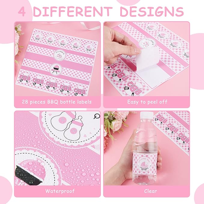24PCS BBQ Baby Shower Water Bottle Labels, Barbecue Baby Shower Waterproof Self Adhesive Water Bottle Labels for Cookout BBQ Babyq Shower Decorations Girl Pink