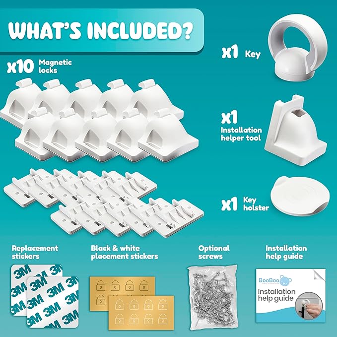 Booboo Baby Magnetic Child Safety Cupboard Locks for Children x10 Locks + x1 Key, Baby Proofing for Kitchen, Cabinets and Drawers, 30 Second Install No Drilling 3M Adhesive (10 Pack)