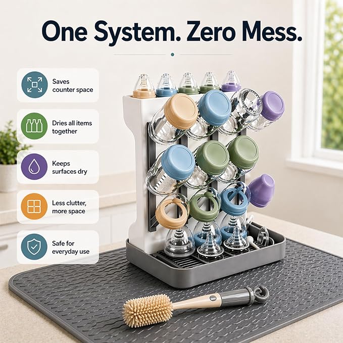 Baby Bottle Organizer and Drying Rack with Silicone Mat & Cleaning Brush - Space Saving Vertical Dryer for Breast Pump Parts, Bottles & Accessories - 12 Hooks, Removable Pacifier Box & Straw Holder