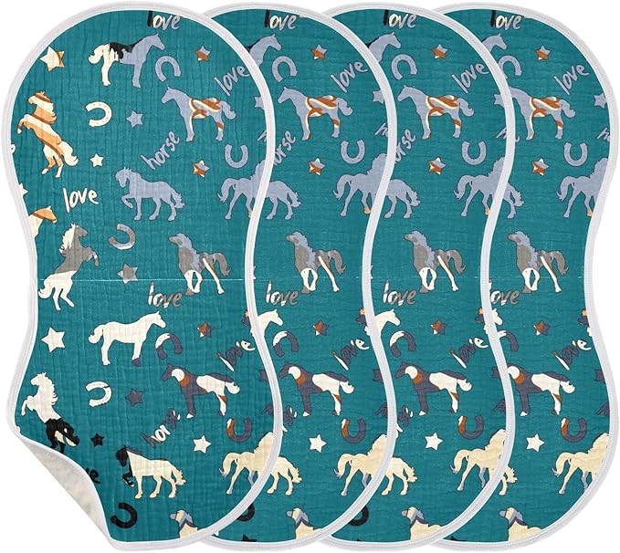 Horse Pattern Star Horseshoes Letter Muslin Burp Cloths for Baby 4 Pack 100% Cotton Baby Washcloths Bibs for Boy Girl
