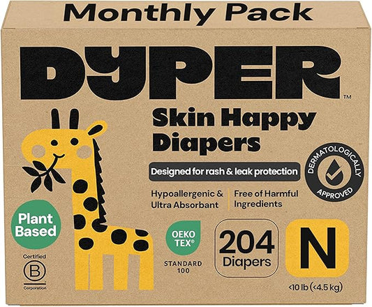 DYPER Monthly Pack Newborn Baby Diaper Under 10 lbs 204 Count - Leak-Proof & Plant Based, Hypoallergenic and Ultra Absorbent Newborn Diapers for Day and Overnight Skin Protection (Packaging May Vary)