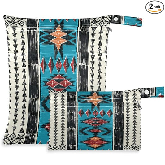 visesunny Tribal Aztec Geometric Pattern 2Pcs Wet Bag with Zippered Pockets Washable Reusable Roomy for Travel,Beach,Pool,Daycare,Stroller,Diapers,Dirty Gym Clothes, Wet Swimsuits, Toiletries