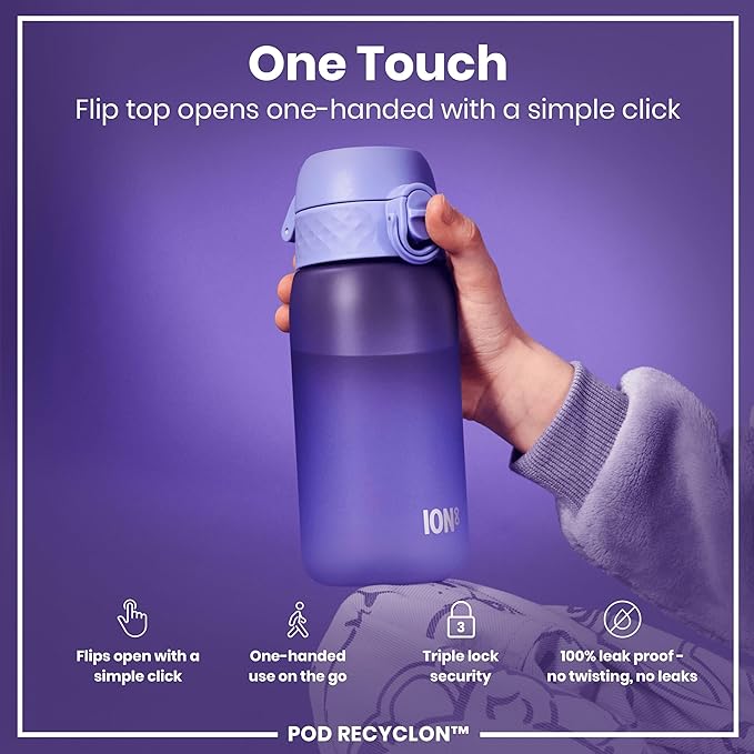 Ion8 Small Water Bottle, 350 ml/12 oz, Leak Proof, Easy to Open, Secure Lock, Dishwasher Safe, BPA Free, Carry Handle, Hygienic Flip Cover, Easy Clean, Odor Free, Carbon Neutral, Light Purple
