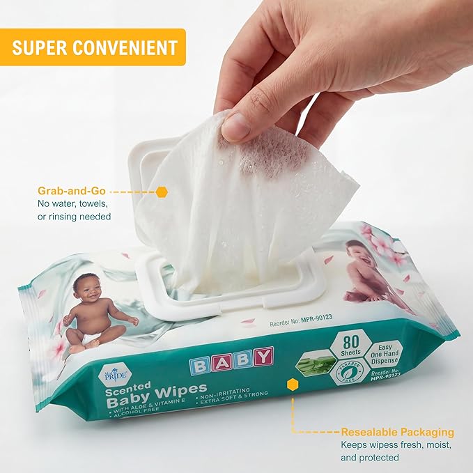 MED PRIDE Scented Baby Wipes, 12 Pack (80 Wipes Each), Aloe & Vitamin E, Alcohol Free, Paraben Free, Soft & Strong Baby Wet Wipes with Resealable Lid