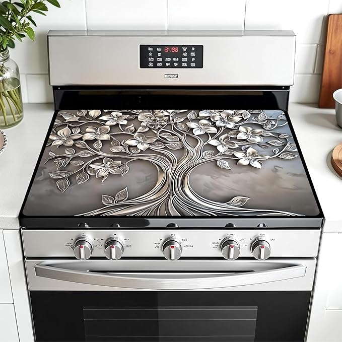 Multi-Design Stove Top Cover for Glass/Electric Stoves - 3-in-1 Heat-Resistant Protector Mat, Non-Slip Drying Rack 30"x21" (Silver-Tree)