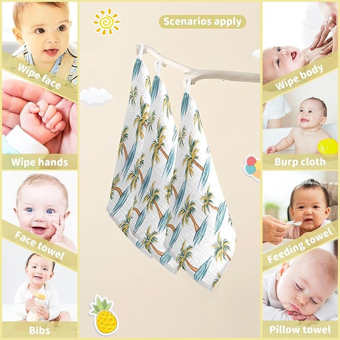 vvfelixl Beach Palm Trees Baby Burp Cloths Baby Muslin Washcloths for Boys Girls Cotton Babys Face Towel for Newborn Infants Soft and Absorbent 11.8 X 11.8 in, 5 Pack