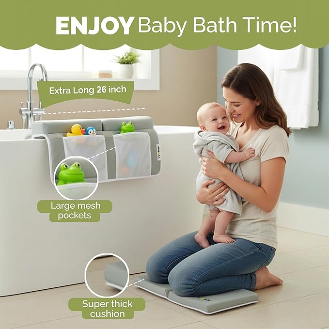 Wobbi Baby Bath Kneeler and Elbow Rest Pad Set - 1.5" Thick Memory Foam Knee Pad for Bathing Babies - 6 Suction Cups Non Slip Bath Kneeling pad with Toy Storage - Foldable & Quick Drying (Green)