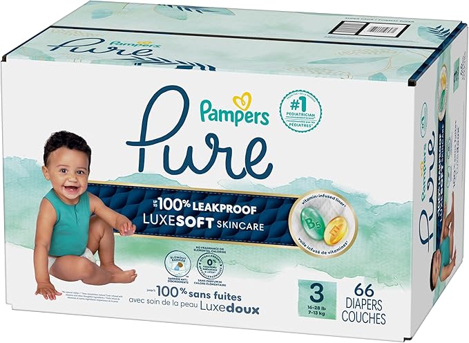 Pampers Pure Baby Diapers, Size 3 (16-28 lbs), 66, Up to 100% Leakproof, Premium Hypoallergenic Soft Diapers