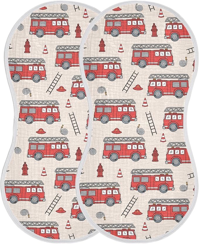 Muslin Burp Cloths for Baby Boys and Girls - 2-Pack Ultra Absorbent Fire Truck Muslin Washcloths, Newborn Towel, Milk Spit Up Rags, Burp Cloth Bibs for Unisex, 22 x 11 Inch