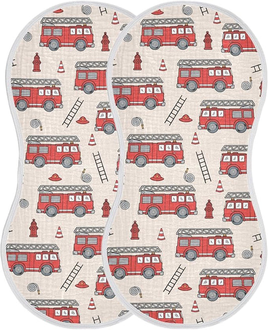 Muslin Burp Cloths for Baby Boys and Girls - 2-Pack Ultra Absorbent Fire Truck Muslin Washcloths, Newborn Towel, Milk Spit Up Rags, Burp Cloth Bibs for Unisex, 22 x 11 Inch